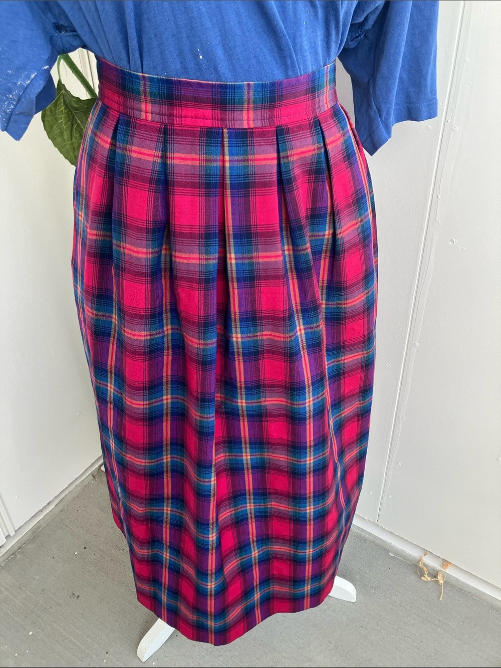 Vintage 70s 80s Pendleton Magenta Red and Royal Blue Madras Plaid Midi Skirt - Picture 2 of 8